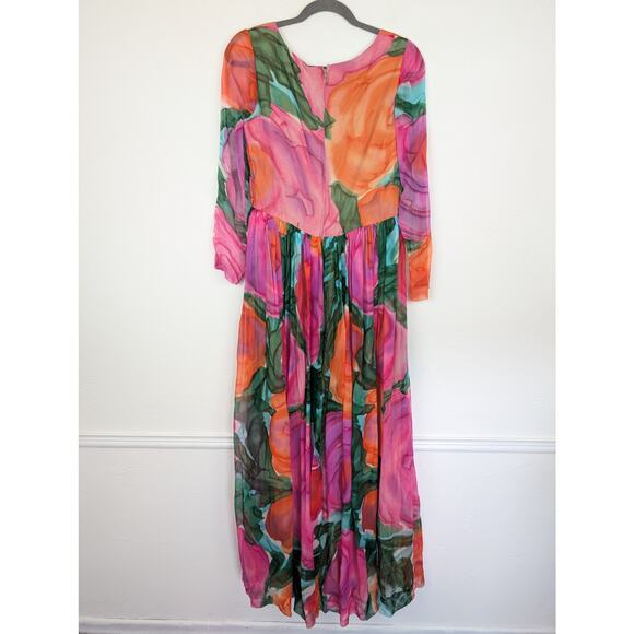 Kiki Hart Dress Vintage 60s 70s Floral Designer Maxi Boho Pink Green Size 6 - Picture 4 of 11